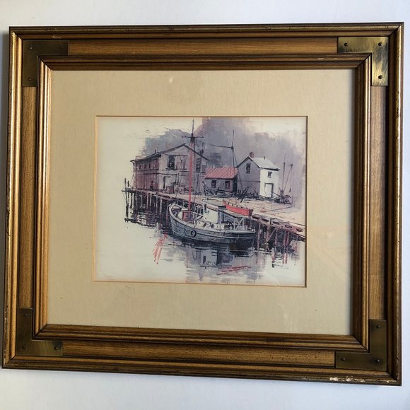 Old village water front scene framed print wall art home decor - Picture 1 of 5